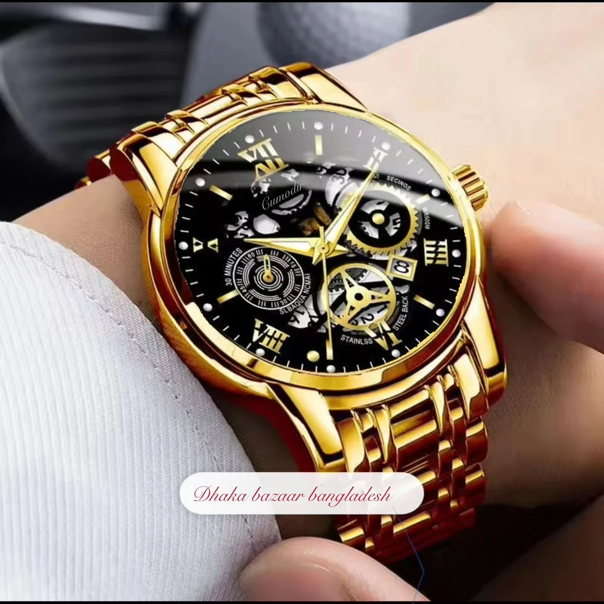 BINCU 2020 পুরুষের জন্যVনন মেকানিক্যাল ওয়াটার প্রুফ ঘড়ি GOLDEN BLACK