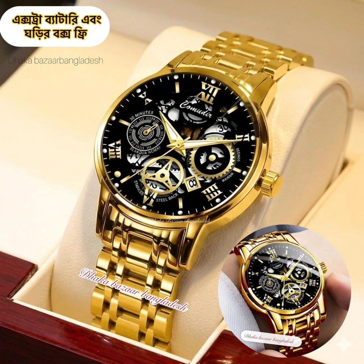 BINCU 2020 পুরুষের জন্যVনন মেকানিক্যাল ওয়াটার প্রুফ ঘড়ি GOLDEN BLACK