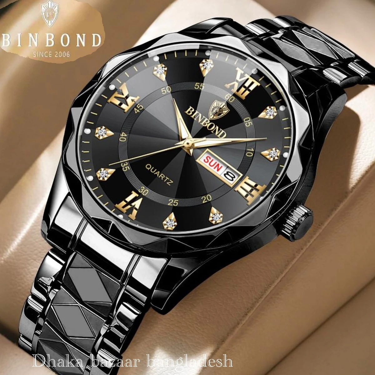 BINBOND 5512 ডায়মন্ড কাটিং এবং বাটারফ্লাই লক নতুন ডিজাইনের পুরুষদের জন্য ঘড়ি BLACK