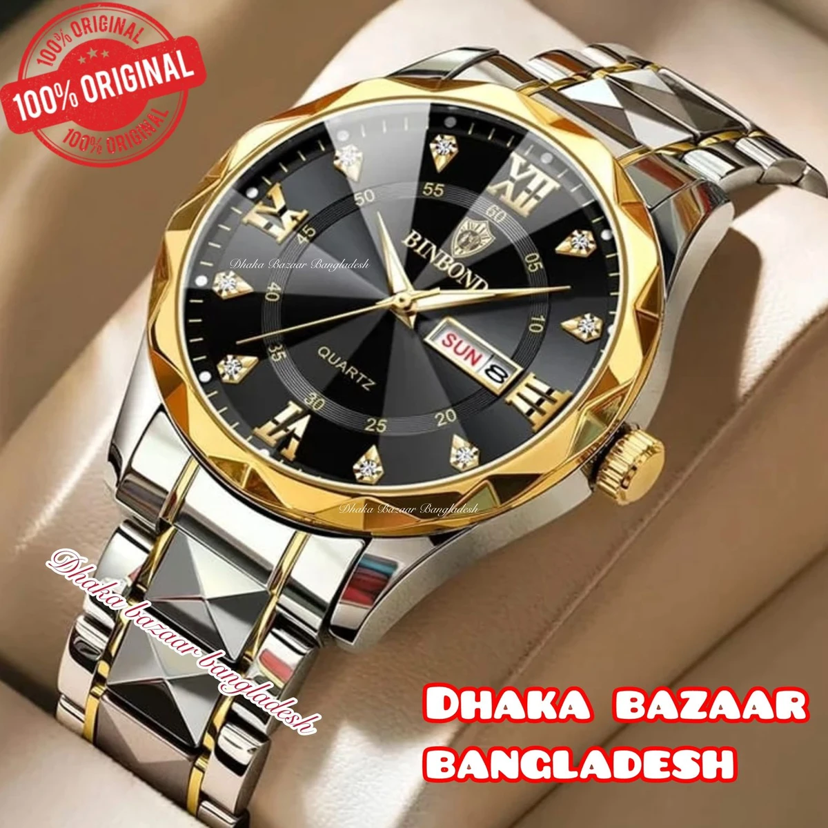 BINBOND 5512 ডায়মন্ড কাটিং এবং বাটারফ্লাই লক নতুন ডিজাইনের পুরুষদের জন্য ঘড়ি SILBER GOLDEN BLACK NEW