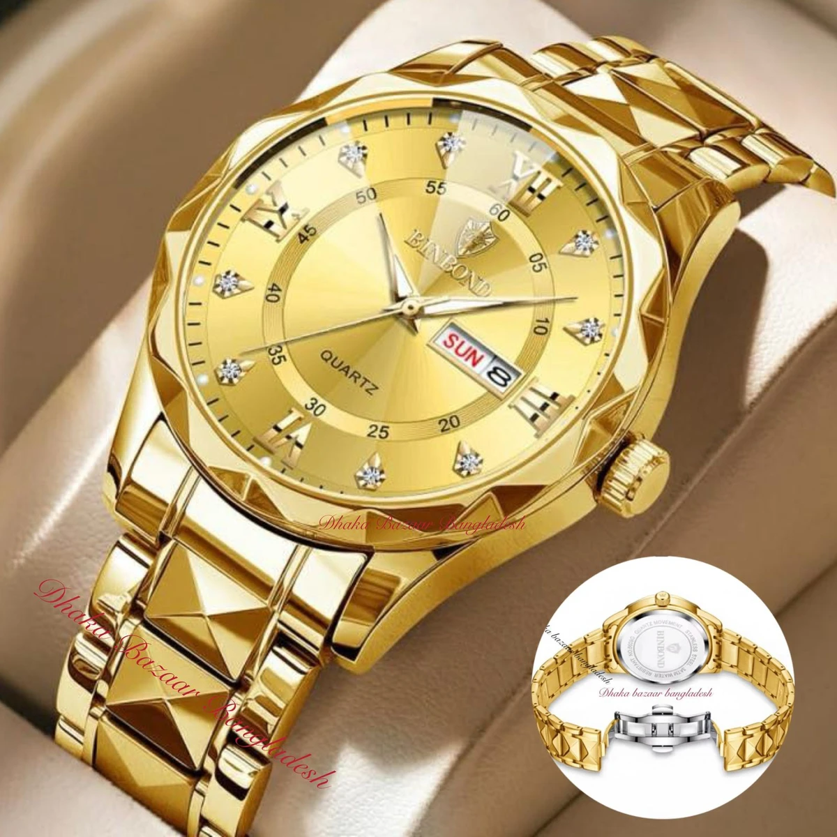 BINBOND 5512 ডায়মন্ড কাটিং এবং বাটারফ্লাই লক নতুন ডিজাইনের পুরুষদের জন্য ঘড়ি GOLDEN