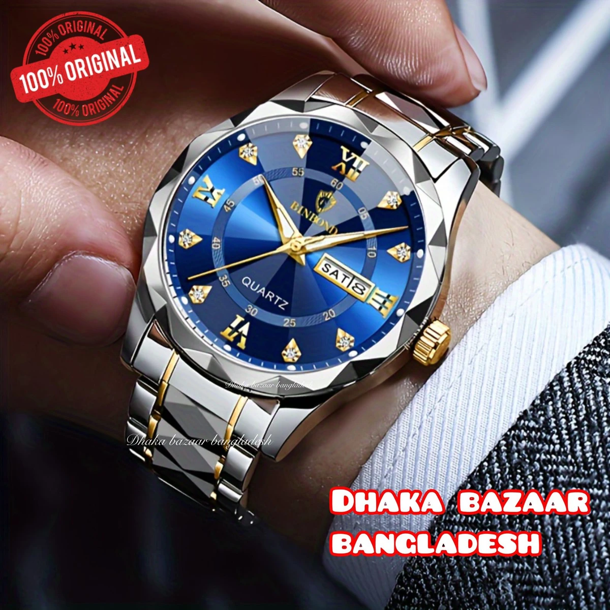 BINBOND 5512 ডায়মন্ড কাটিং এবং বাটারফ্লাই লক নতুন ডিজাইনের পুরুষদের জন্য ঘড়ি SILBER GOLDEN BLUE