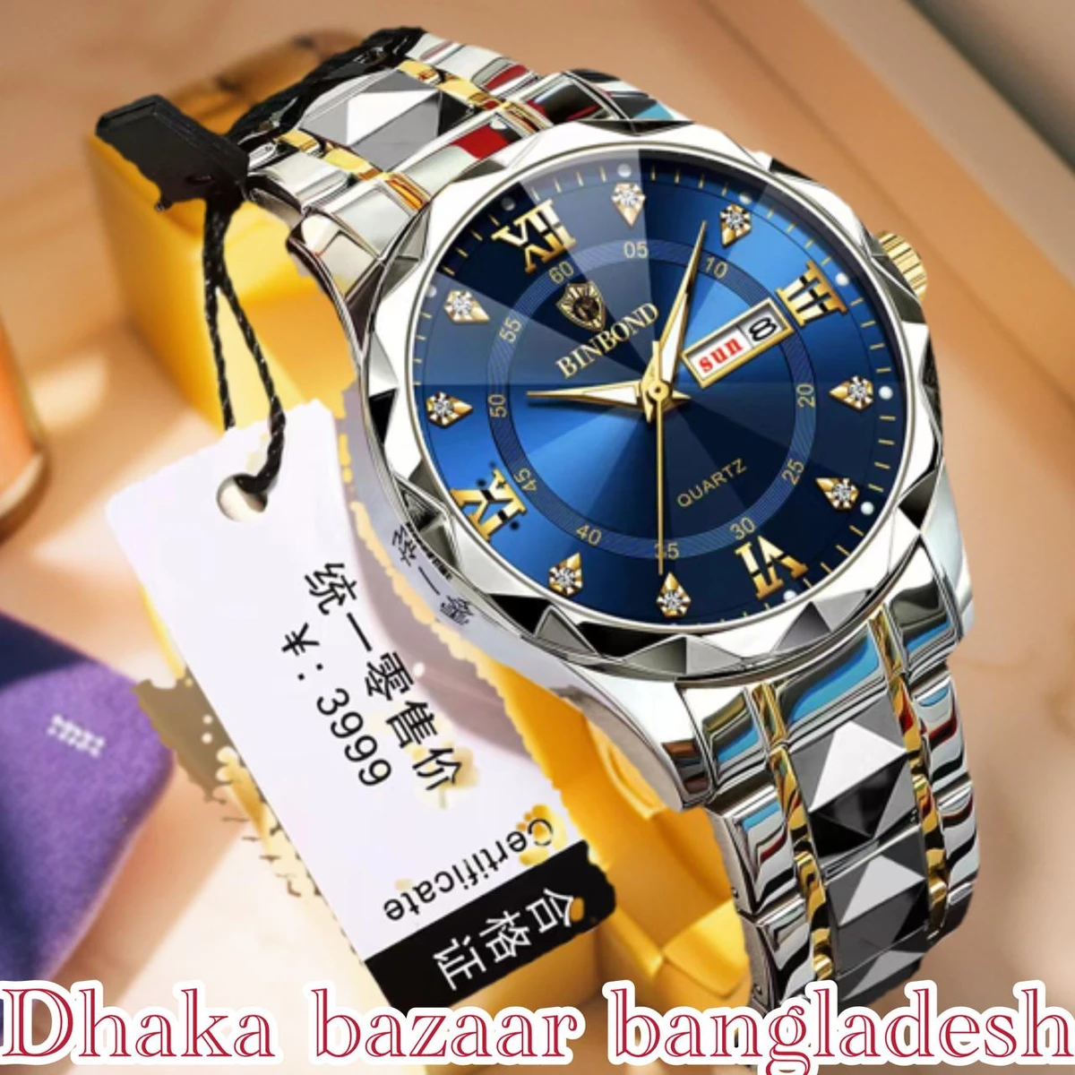 BINBOND 5512 ডায়মন্ড কাটিং এবং বাটারফ্লাই লক নতুন ডিজাইনের পুরুষদের জন্য ঘড়ি SILBER GOLDEN BLUE