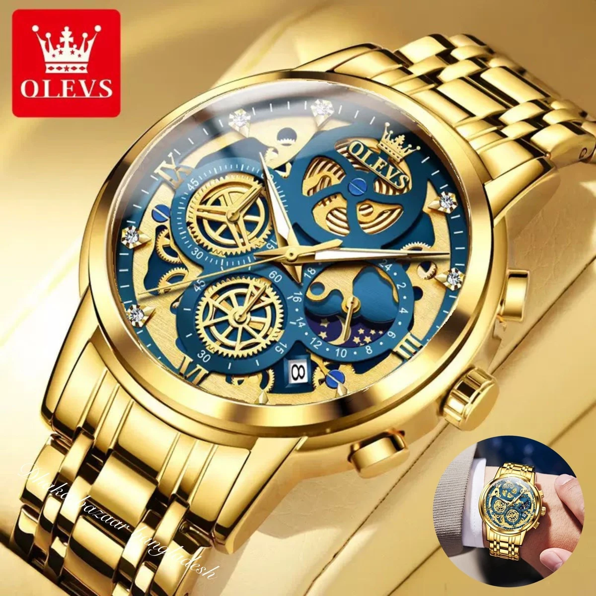 OLIVEZ 5233A পুরুষের জন্য নন মেকানিক্যাল ওয়াটার প্রুফ ঘড়ি GOLDEN BLUE