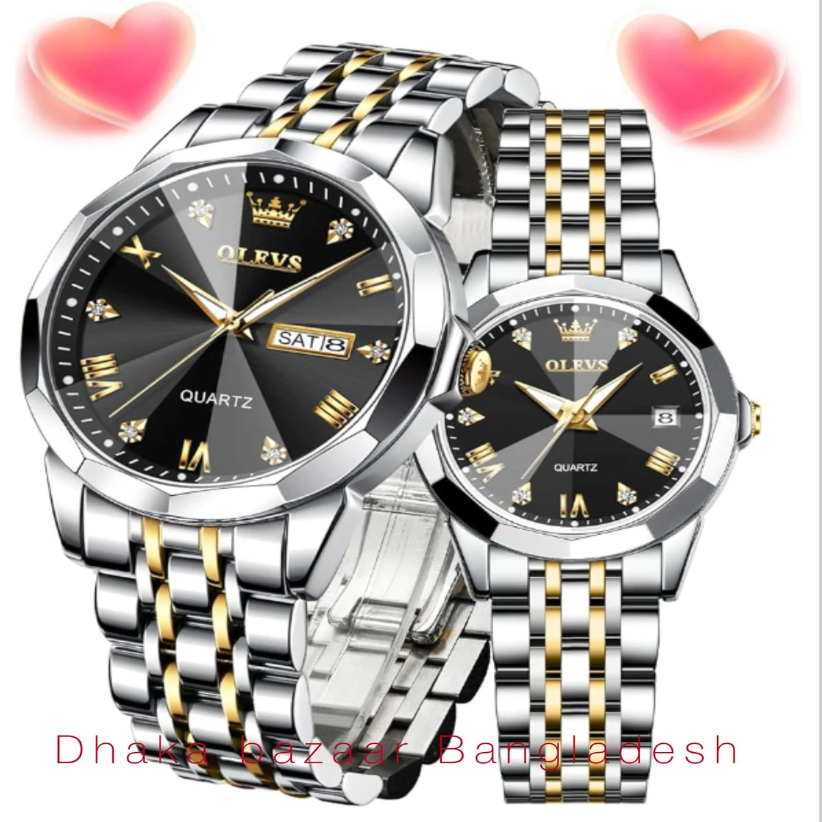 Couple OLIVESZ  নতুন ডিজাইনের পুরুষ এবং মহিলাদের জন্য ঘড়ি SILVER GOLDEN BLACK 2 Pcs