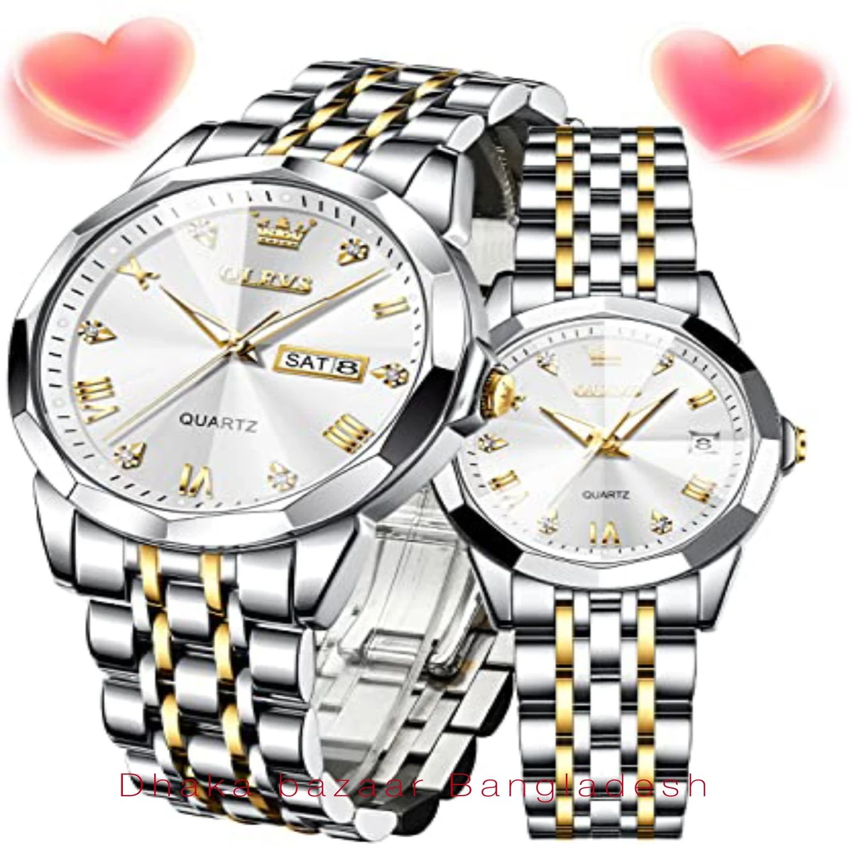 Couple OLIVESZ নতুন ডিজাইনের পুরুষ এবং মহিলাদের জন্য ঘড়ি SILVER GOLDEN WHITE 2 Pcs