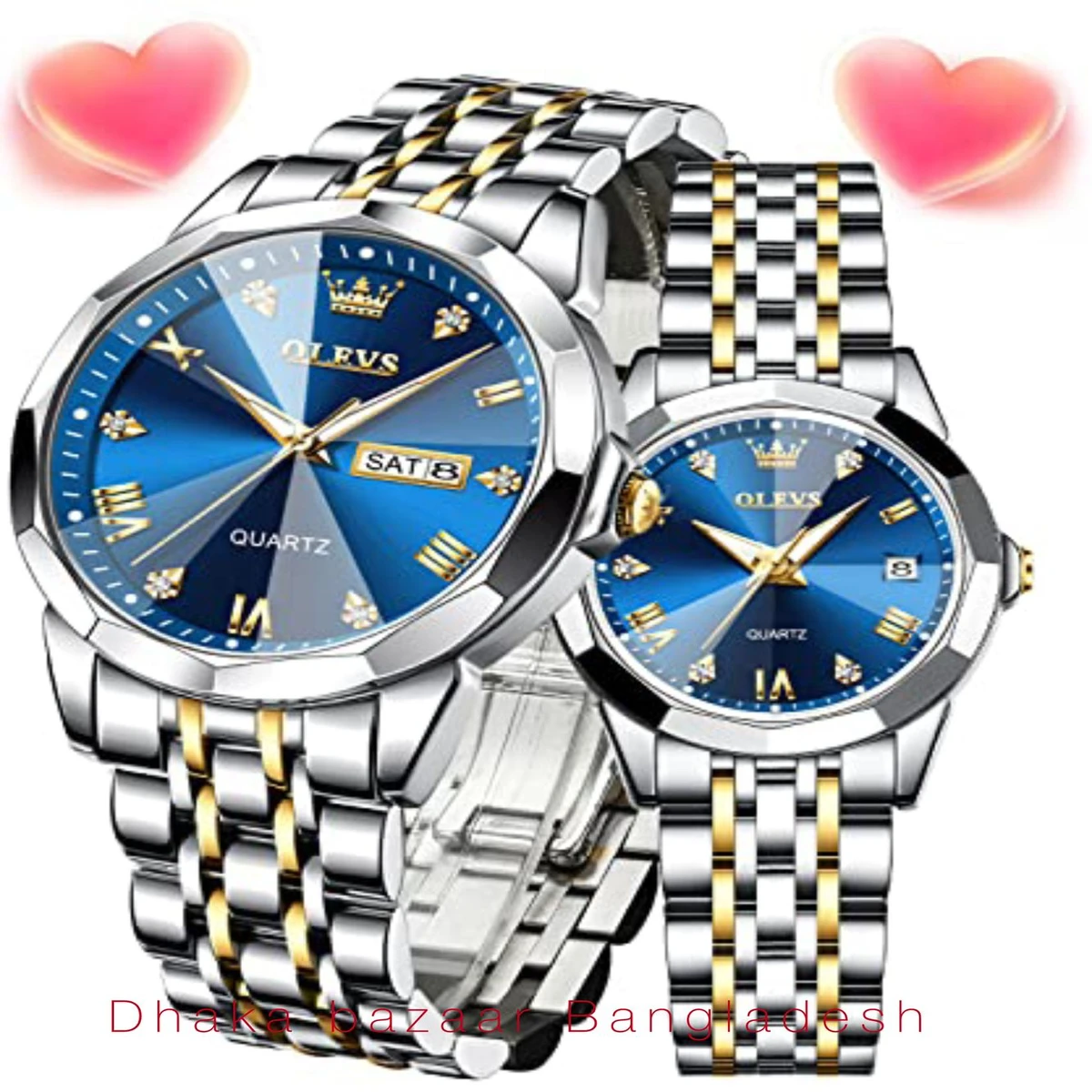 Couple OLIVESZ নতুন ডিজাইনের পুরুষ এবং মহিলাদের জন্য ঘড়ি SILVER GOLDEN BLUE 2 Pcs