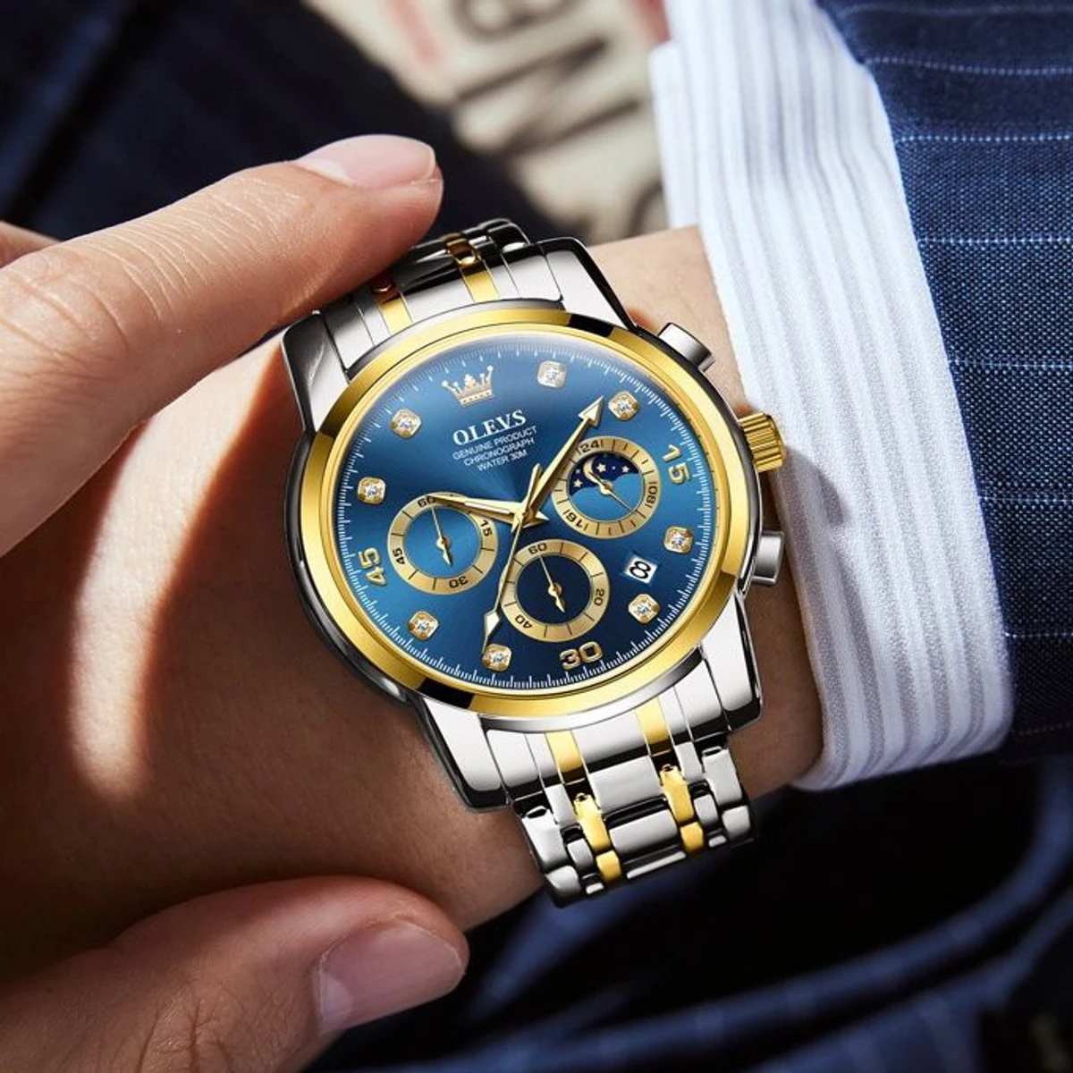 Olivesz 2879 পুরুষের জন্য নন মেকানিক্যাল ঘড়ি SILVER GOLDEN BLUE