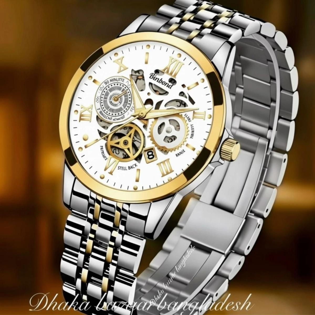 BINBOND 2200 পুরুষের জন্য নন মেকানিক্যাল ওয়াটার প্রুফ ঘড়ি SILVER GOLDEN WHITE