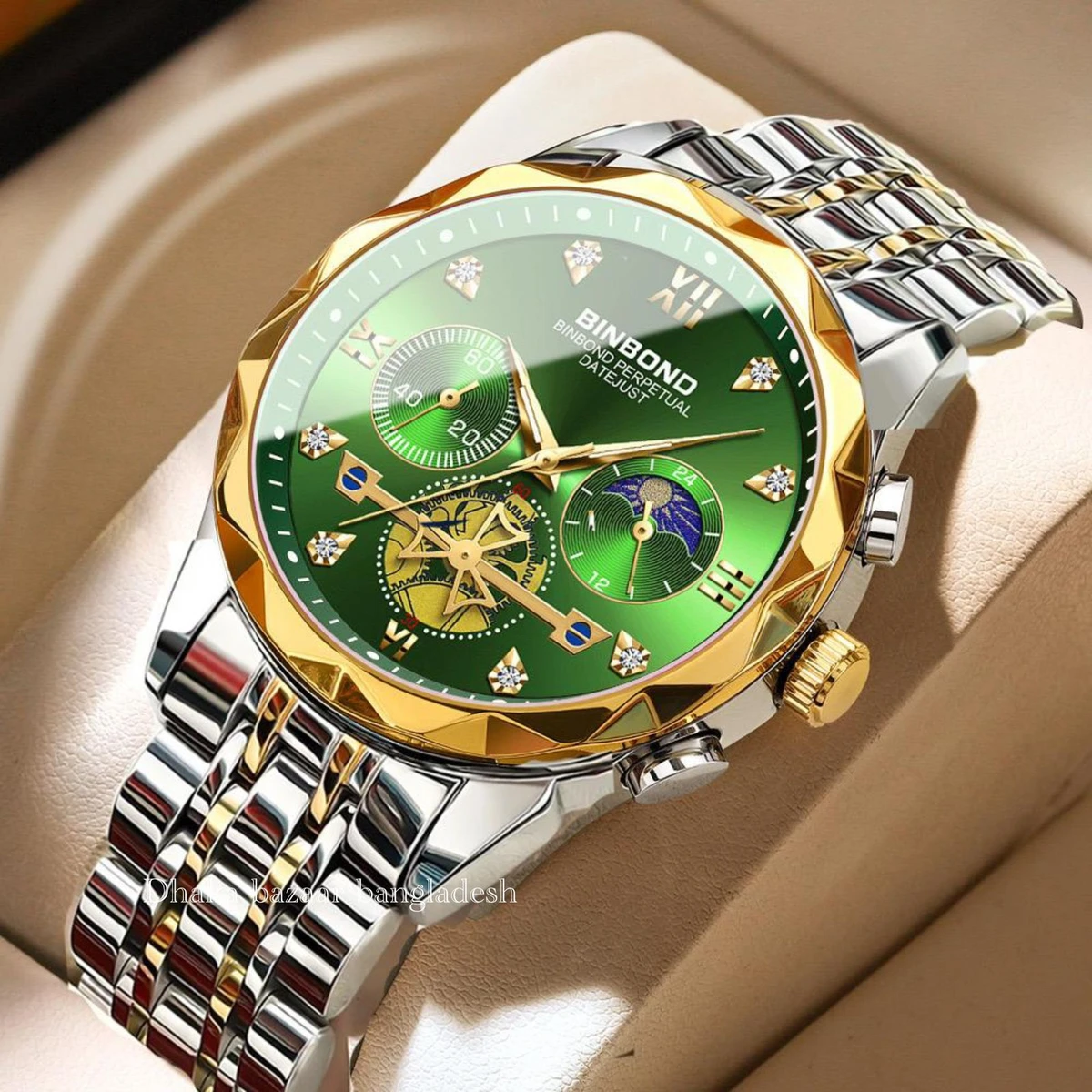 BIN 8855 নন মেকানিক্যাল ওয়াটার প্রুফ ঘড়ি SILVER GOLDEN GREEN
