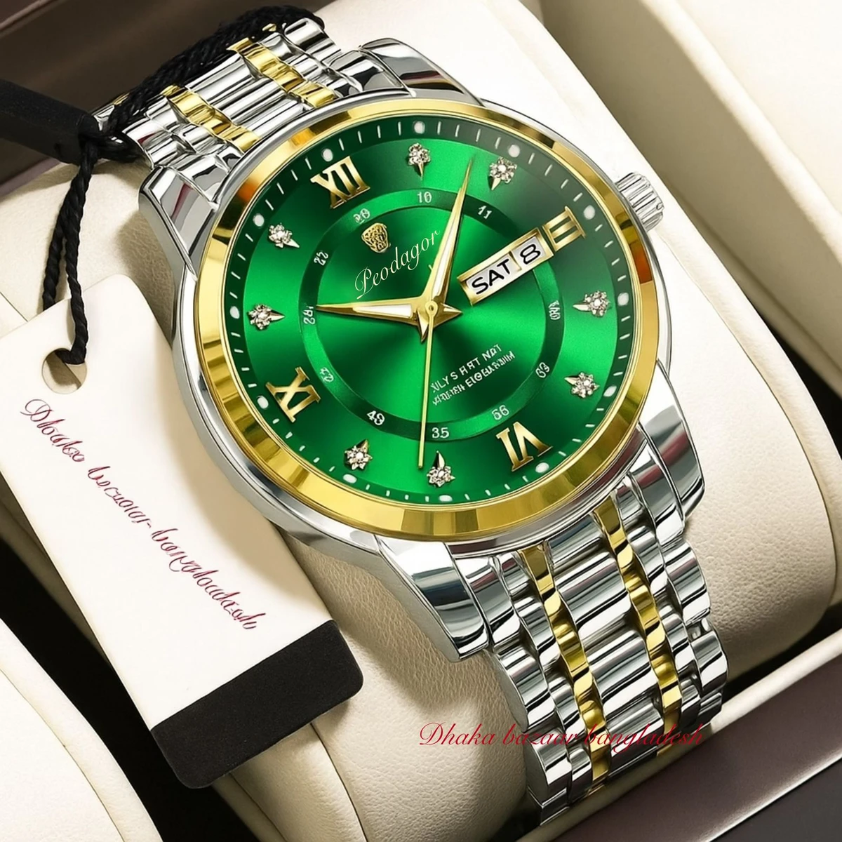 PEODAGOR 6577 নতুন ডিজাইনের পুরুষদের জন্য ঘড়ি SILVER GOLDRN GREEN